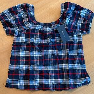 Tommy Hilfiger Girls size Medium 8/10 Blue Red Plaid Blouse cap sleeves $43 new